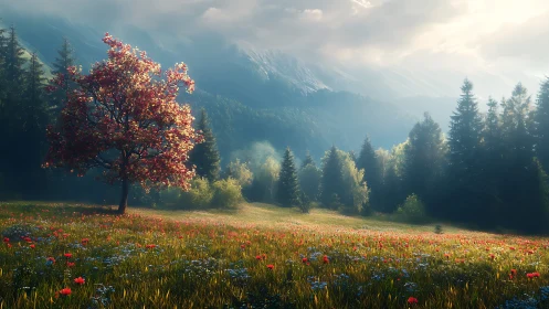 Solitary blossom tree quietly steals the mountain sunrise