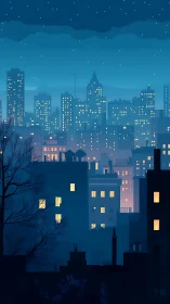 Midnight windows hum over a sleepy sapphire skyline.