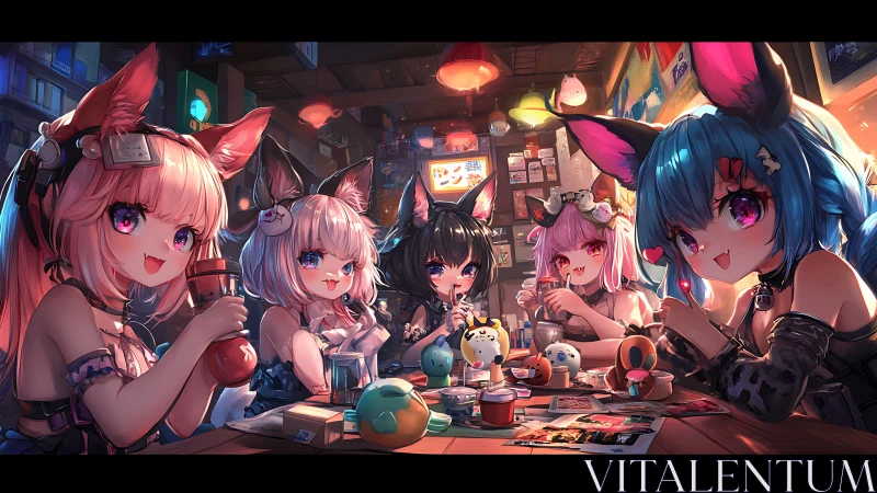 Neon fox-eared night owls trading secrets over soft drinks.