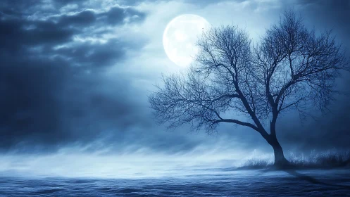 Gentle moonlit tree resting under a dreamy winter sky.