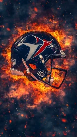 American football helmet suspended amid stylized inferno flames