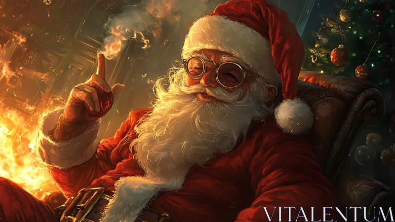 Thermal-lit Santa portrait with reflective spectacles and embers.