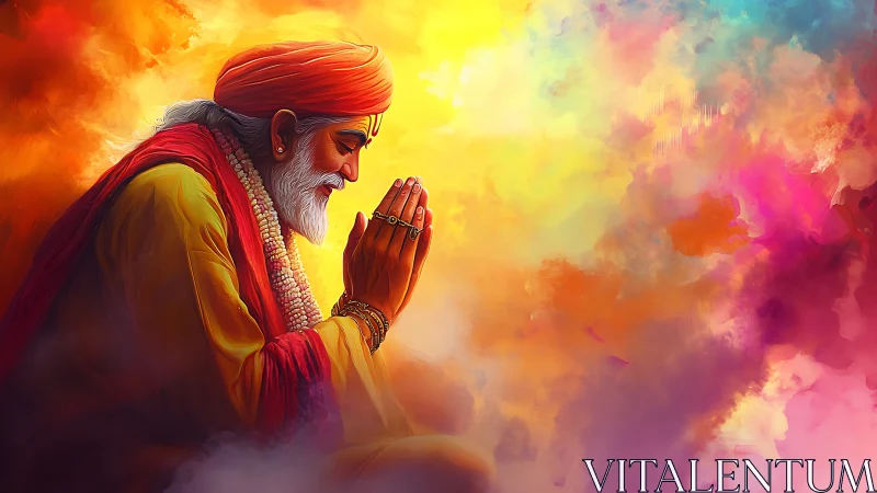 Digital painting of praying sage in radiant chromatic nebula.