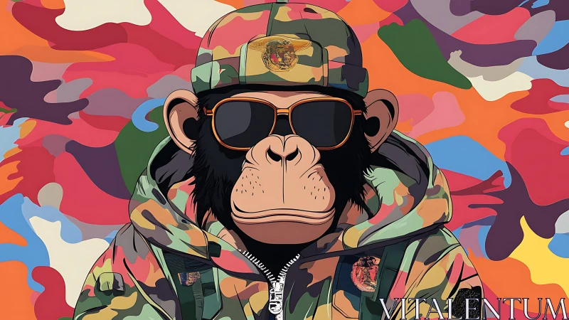 Camouflage chimp portrait with vivid abstract camo backdrop.
