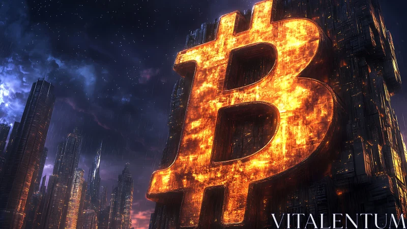 Glowing bitcoin monolith dominates futuristic rainy cityscape