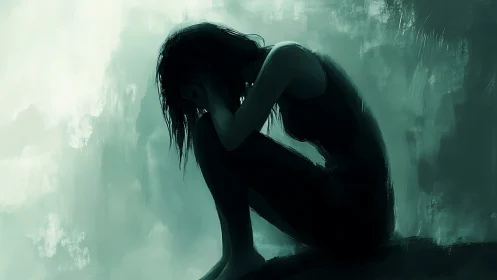 Solitary figure curls inward under muted teal haze.