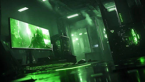 Neon-lit ultra-wide gaming workstation in fog-filled lab.