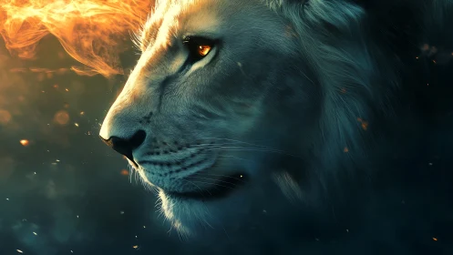 Fierce lion gaze glows warmly amid soft embers and flame