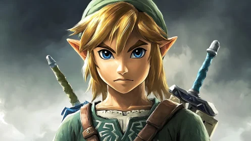 Heroic elf warrior portrait with twin swords and storm sky.