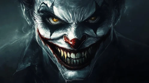 Grinning nightmare clown leans from shadow with molten eyes