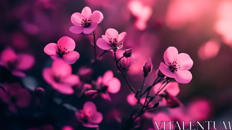 Pink blossoms glow softly in twilight atmosphere
