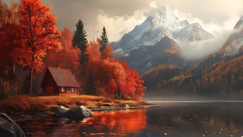 Cozy lakeside cabin glowing beneath peaceful autumn peaks.