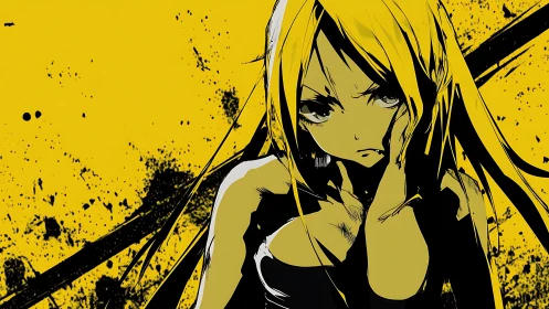 Grim yellow girl against splattered ink storm backdrop.