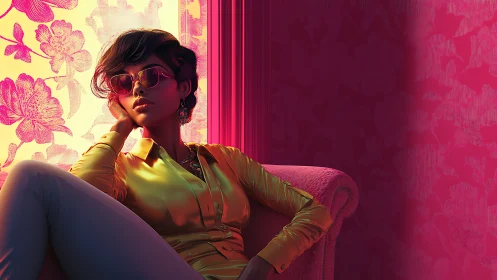 Neon-lit woman in satin shirt lounging by floral window.
