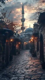 Photorealistic Ottoman alley with minaret at dusk perspective.