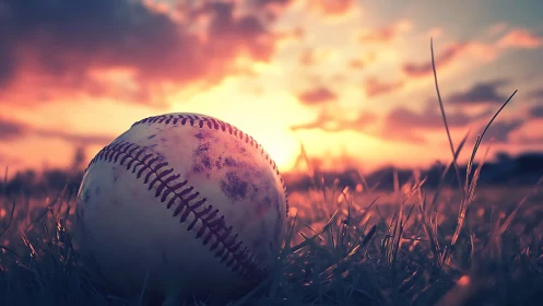 Weathered baseball rests in grass under vivid sunset sky
