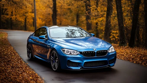 Blue sports coupe on wet forest road in autumn light.