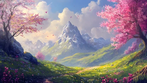 Mountain valley landscape with cherry trees and footpath.