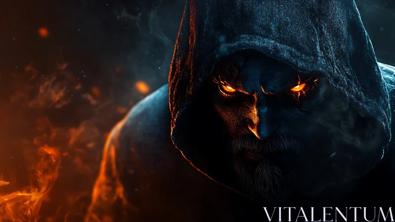 Hooded male figure with glowing eyes in fiery darkness.