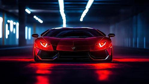 Red supercar glows under neon lights in a moody tunnel.