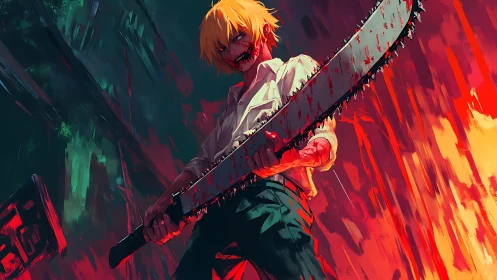 Bloody chainsaw warrior dominates fiery anime battle scene.