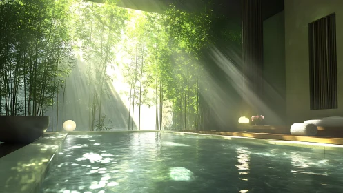 Photorealistic zen pool with bamboo light garden interior design.