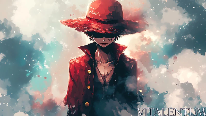 Storm-lit wanderer in crimson coat and shadowed hat.
