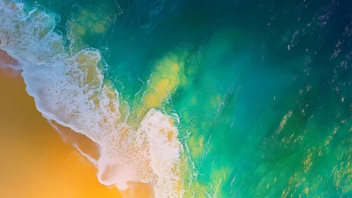 Aerial view shows shoreline where waves meet shallow water
