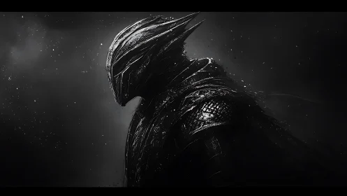Shadowed armored wraith emerges from swirling cosmic dusk