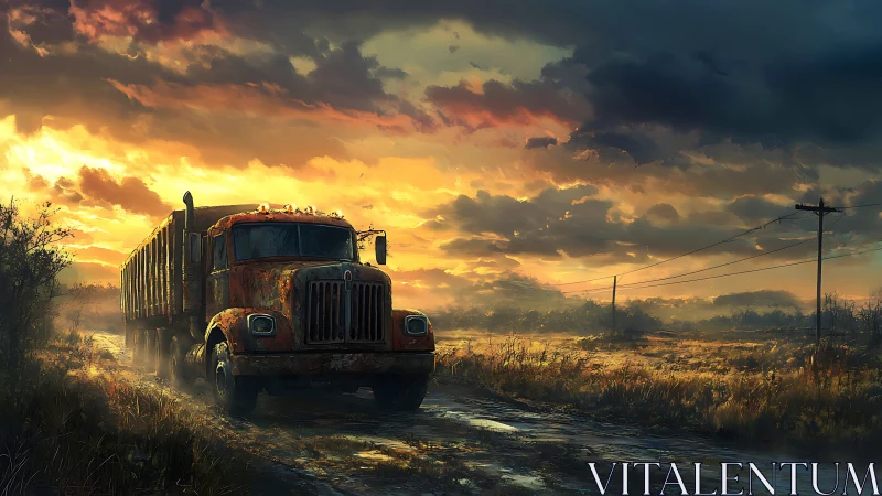 Weathered cargo truck under dramatic sunset sky on rural road