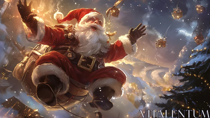 Santa soaring above snowy town with flying gifts at night.