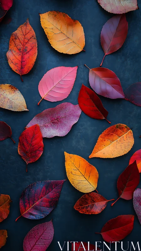 Autumn foliage arrangement with multicolored leaves on dark background.