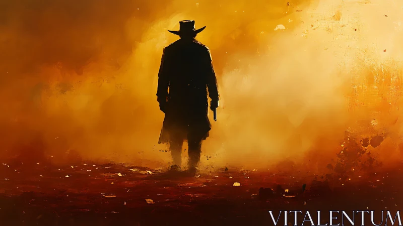 Lone gunslinger silhouette advances through incandescent dust haze