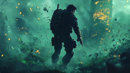 Heavily armed soldier in toxic green post-apocalyptic ruins