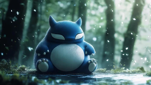 Blue creature sitting on forest path amid falling particles.