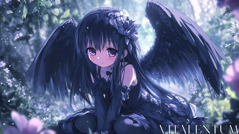 Moonlit garden cradles a shy raven-winged angel child