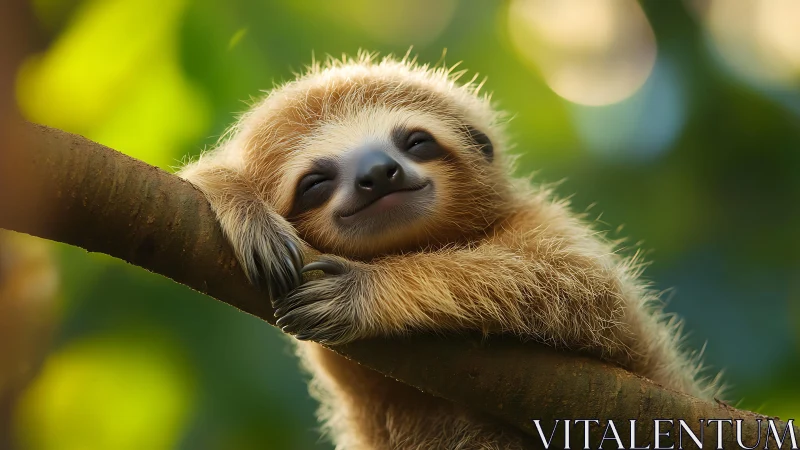 Sleepy little sloth enjoys a peaceful nap in soft sunlight