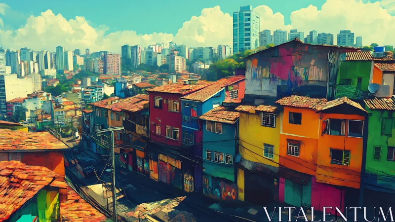 Chromatic hillside favela against rectilinear urban skyline.