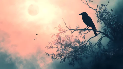 Silhouetted crow on twilight branch under glowing full moon.