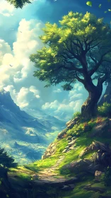 Sunlit mountain path with towering tree and vast valley.