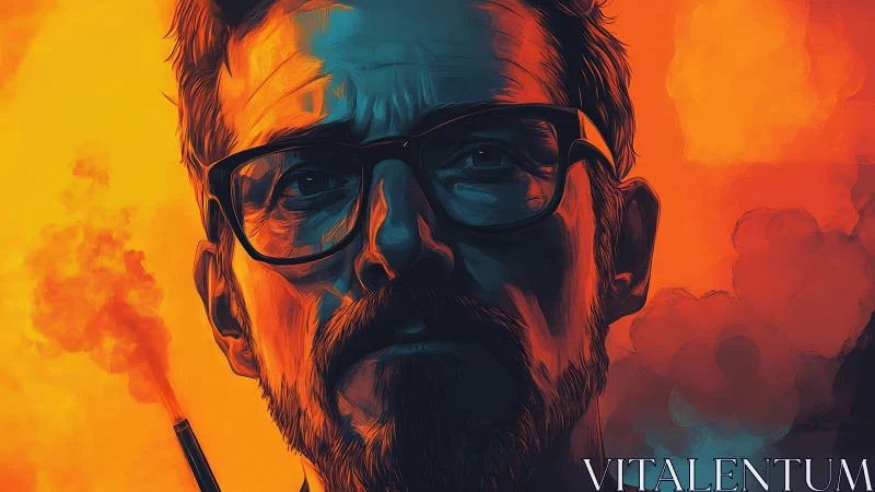 Bearded man portrait in orange teal cinematic lighting.