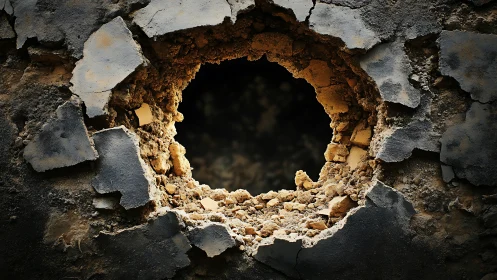 Ruptured concrete wall exposes jagged earthen core in detail