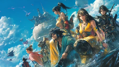 Epic fantasy voyagers crossing ocean beneath sky citadel.