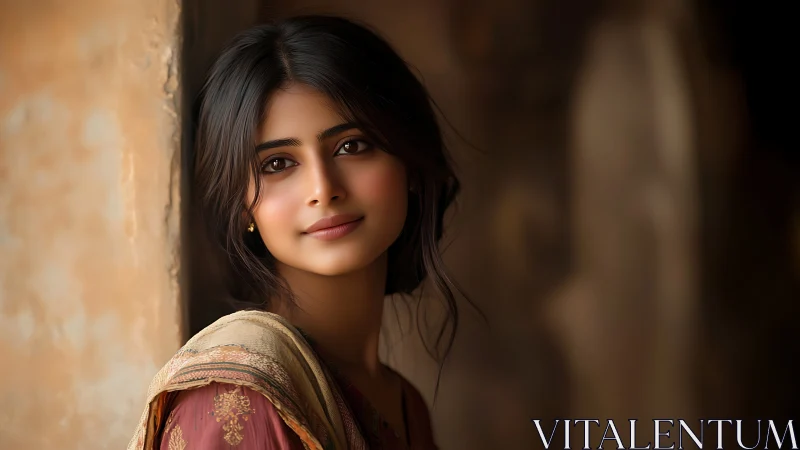 Portrait of a young woman in traditional attire, soft natural lighting.
