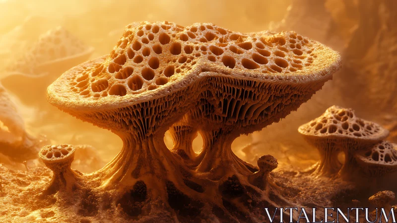 Honeycomb mesa shrooms glowing in molten amber dusk.