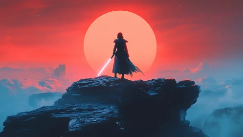 Backlit cloaked warrior surveys alien cliffs under oversized sun