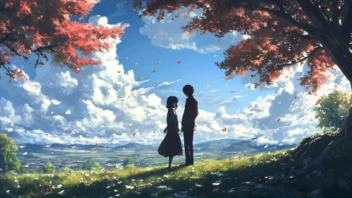 Quiet hillside moment under bright autumn skies together.