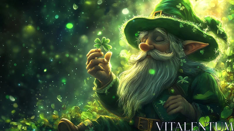 Old leprechaun holding shamrock in glowing green forest.