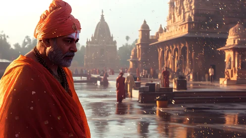 Sunlit monk in saffron silence beside golden temple rain.