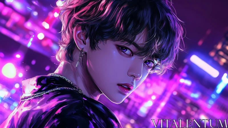 Neon-lit portrait with cyberpunk city glow and reflective gaze.